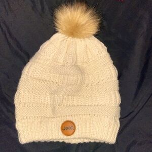 Jeep Cream Knit Beanie with Faux Fur Pom